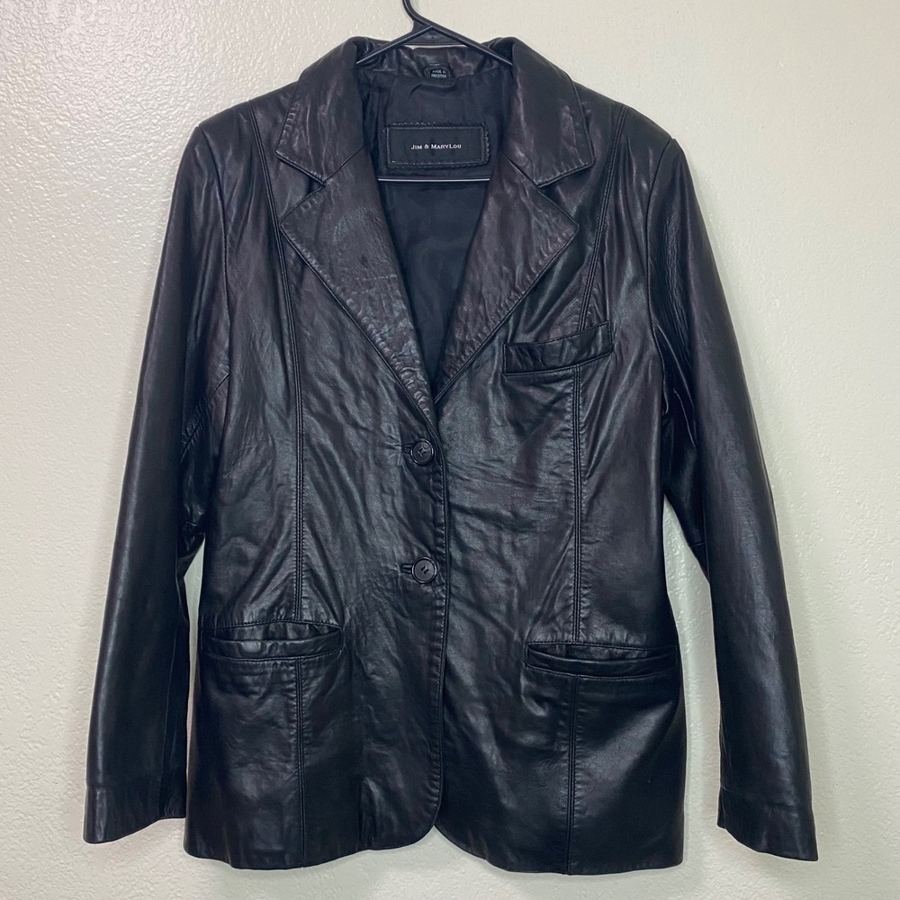 Vintage JIM & MARY LOU Black Leather Blazer Jacket Womens M Button Front Classic